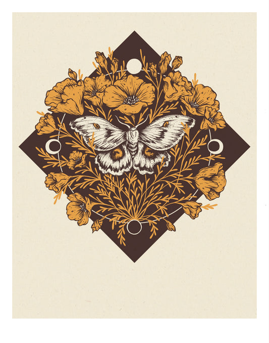 Moth & Poppies, Moon Phases, Giclee Print 11x14"