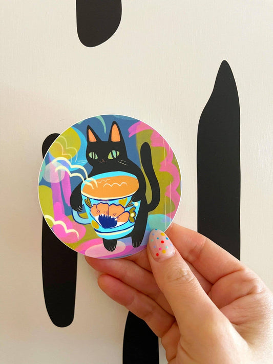 Black cat with giant tea cup waterproof vinyl sticker