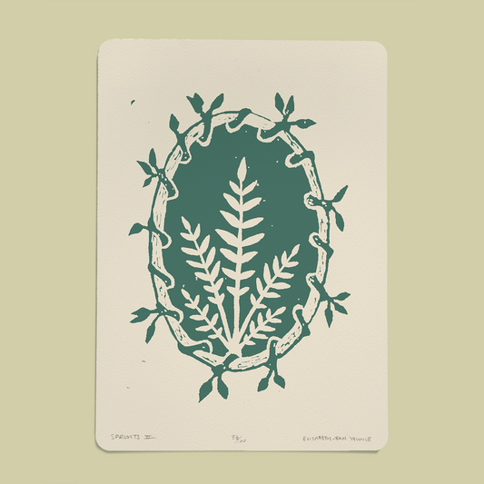 Sprouts Handprinted Linocut on Paper 5x7"