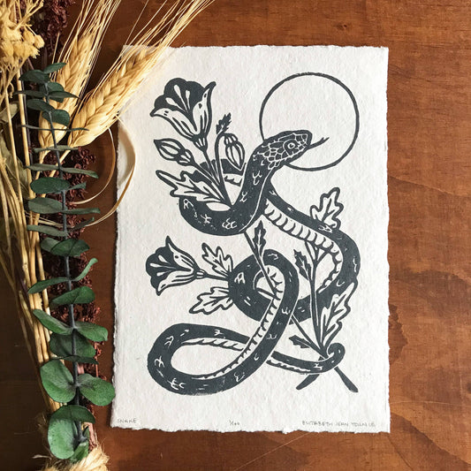 Snake & Poppies Handprinted Linocut on Handmade Paper 5x7": Grey on Handmade